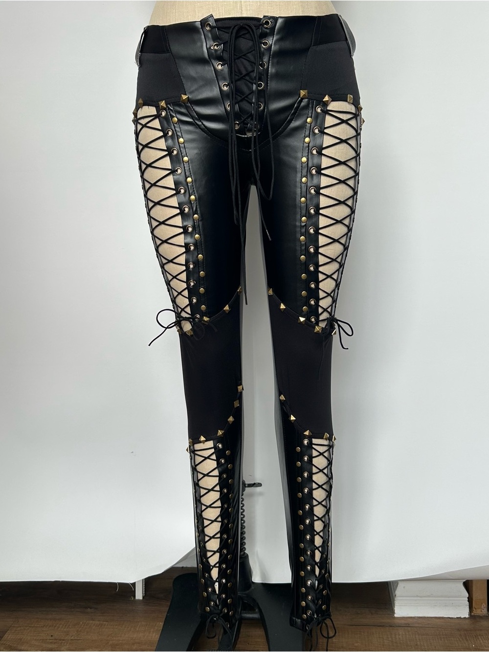 Lace-Up Faux Leather Black Women’s Jeans with Stud Detailing